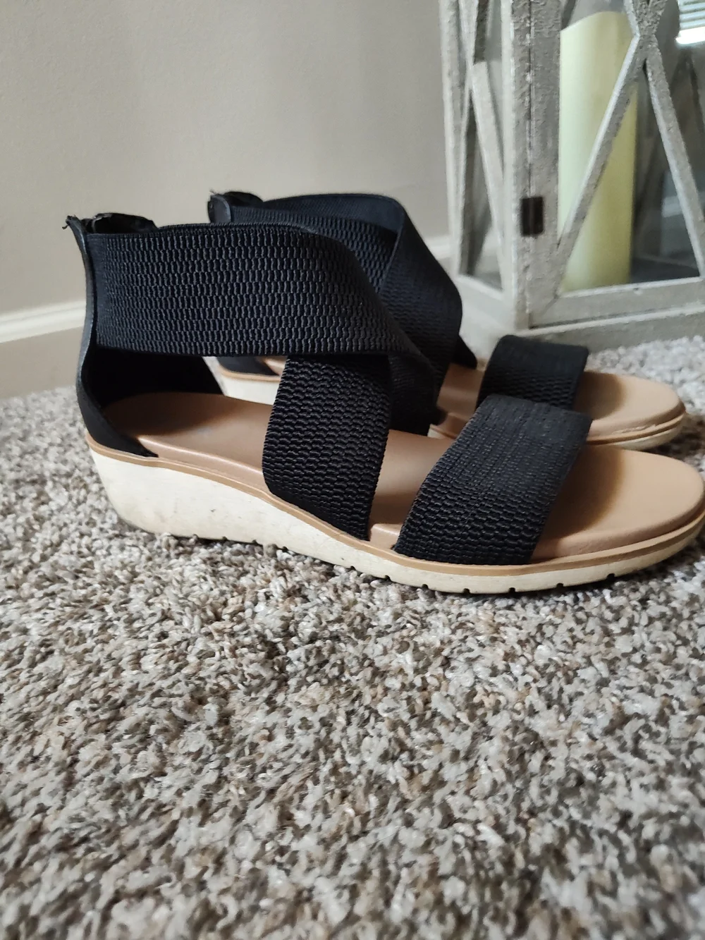 MIA Black Elastic Crisscross Wedge Sandals with Tan Footbed